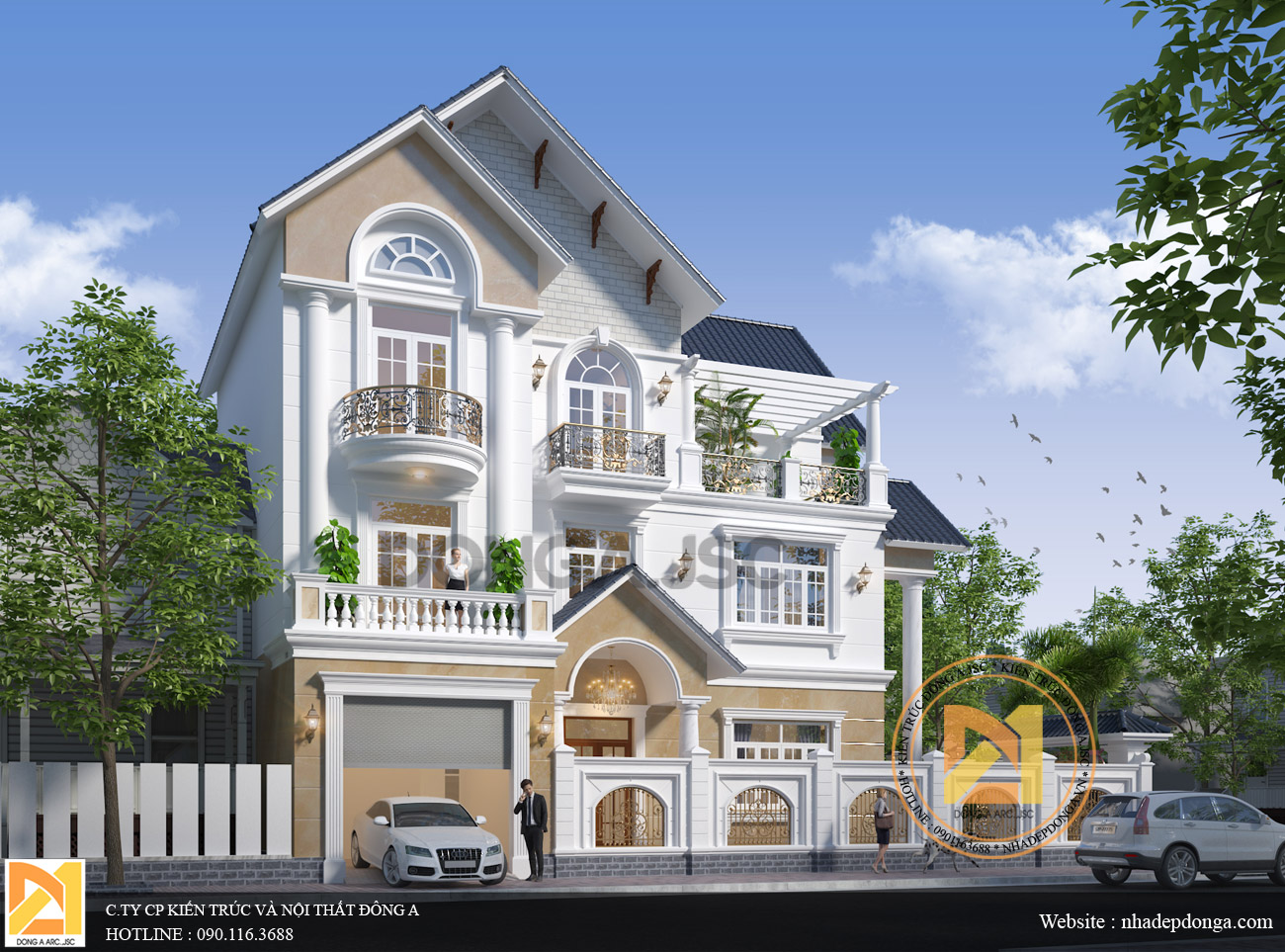 Mẫu biệt thự tân cổ điển 3 tầng 2 mặt tiền đẹp, Kiến trúc Đông A