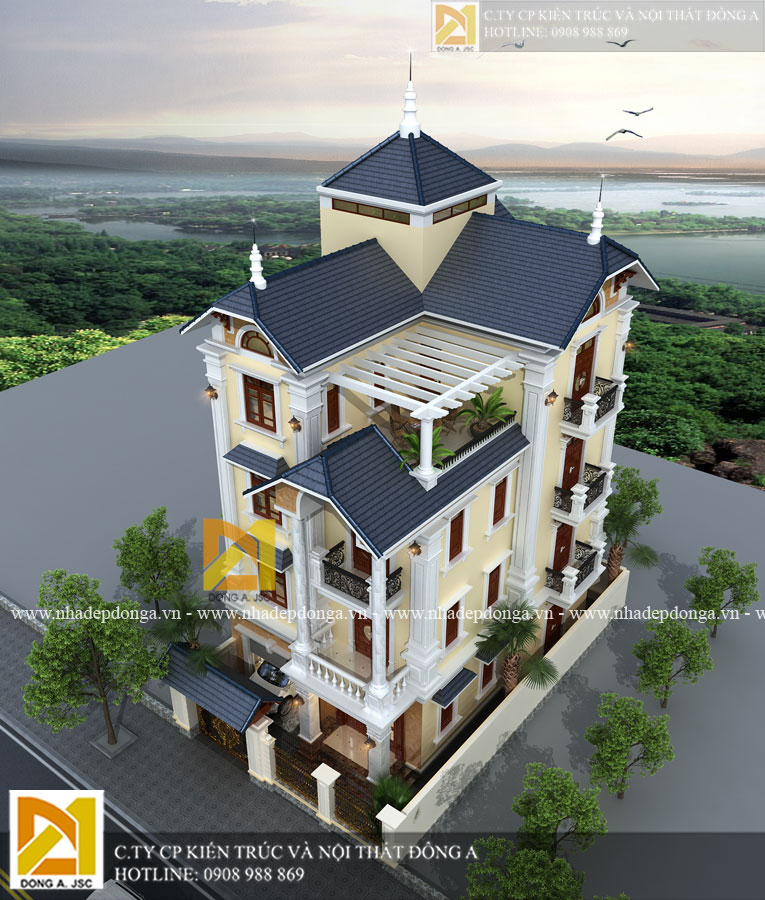 Mẫu thiết kế biệt thự đẹp 4 tầng tân cổ điển nhìn từ trên cao 